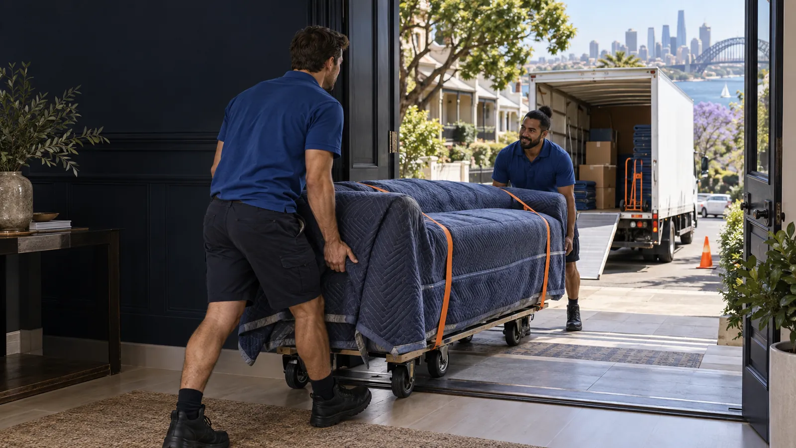 Furniture removalists moving a protected sofa from a Sydney home to a truck